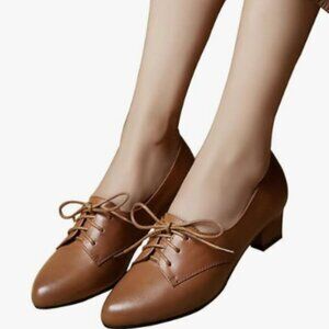 FOWT Women Lace-Up Loafers Pointed Closed Toe Chunky Block Low Heel Brown Shoes